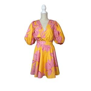 Hutch Letty Cotton Puff Sleeve Mini Dress Yellow Pink Floral Print Sz MD Pockets